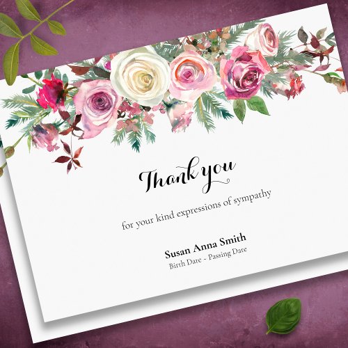Sympathy Winter Roses Funeral Thank You Card