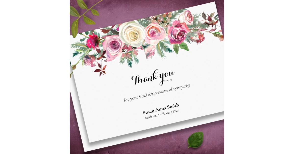 Sympathy Winter Roses Funeral Thank You Card | Zazzle