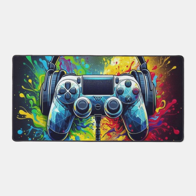 Symphony of Pixels & Sound: Vibrant Gaming Art Desk Mat (Front)