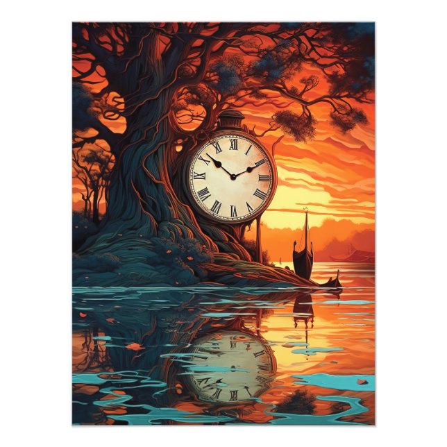 Symphony of Time - A Clock's Reflection at Sunset Photo Print (Front)