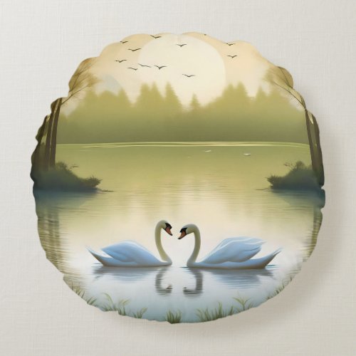 Synchronized Swan Duo Round Pillow