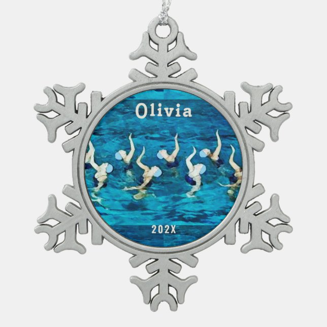 Synchronized Swimming Holiday Gift Snowflake Pewter Christmas Ornament (Front)