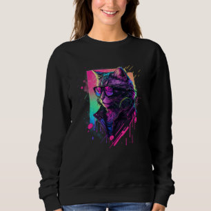 Synthwave Aesthetic Cat Vaporwave Cat 90s Retro C Sweatshirt