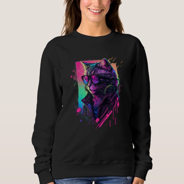 Synthwave Aesthetic Cat Vaporwave Cat  90s Retro C Sweatshirt (Front)