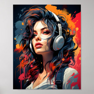 Synthwave Art Nouveau Punk GIRL Listening To Music Poster