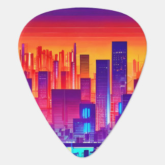 Synthwave/Cyberpunk City at Sunset Guitar Pick