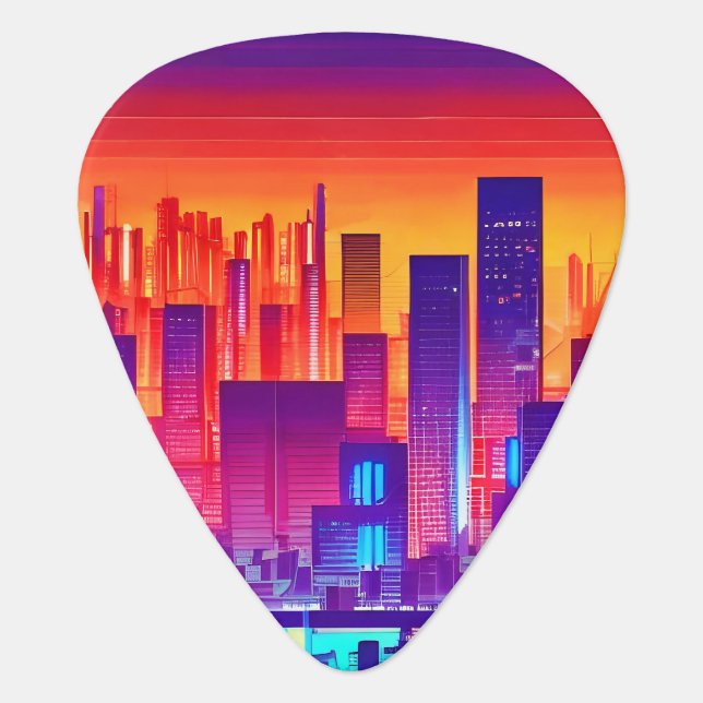 Synthwave/Cyberpunk City at Sunset Guitar Pick (Front)
