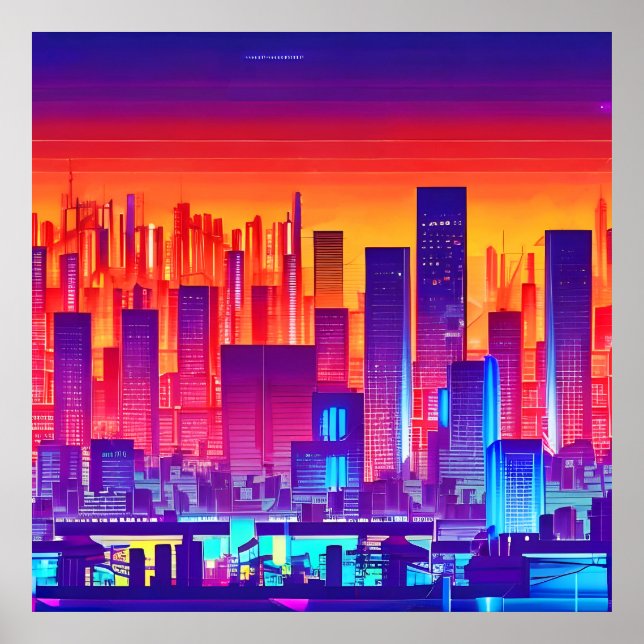 Synthwave/Cyberpunk City at Sunset Poster (Front)