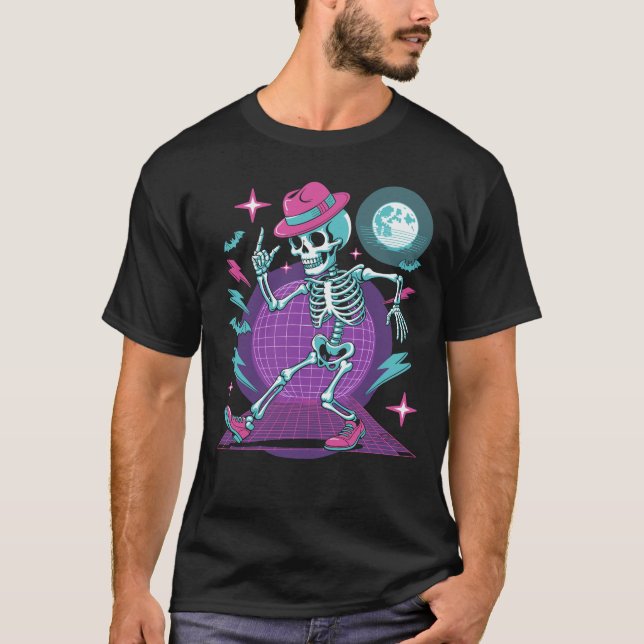 Synthwave Dancing Skeleton Retro 80s Halloween T-Shirt (Front)