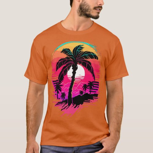 Synthwave Glitch Island Sunset Synth Aesthetic Sil T_Shirt