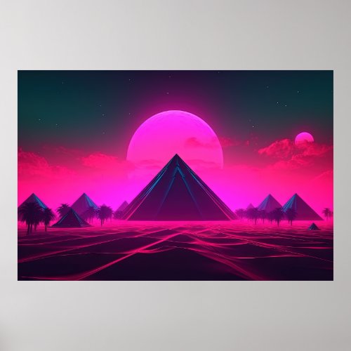Synthwave Mirage Palm Tree Oasis of Neon Pyramids Poster