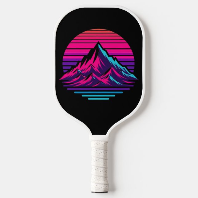 Synthwave Mountain Pickleball Paddle – Retro Sunse (Front)