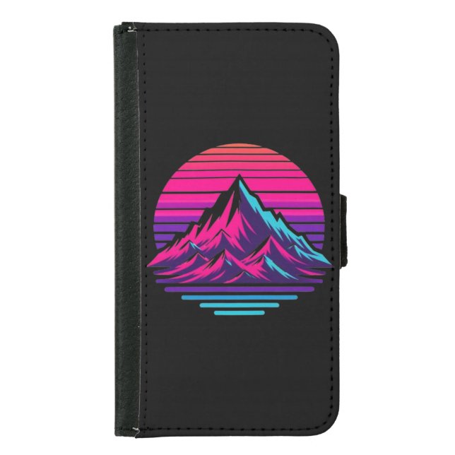 Synthwave Mountain Wallet Phone Case – Retro Sunse (Front)