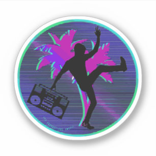 Synthwave neon Boombox round sticker 80s logo