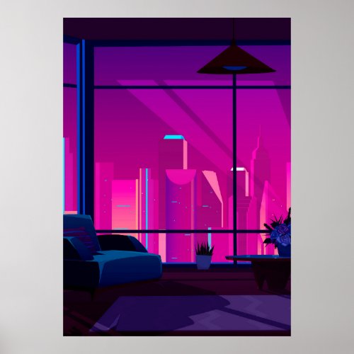 Synthwave Neon City terrace penthouse Poster