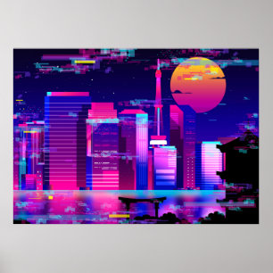 Synthwave Neon City - Tokio glitch Poster