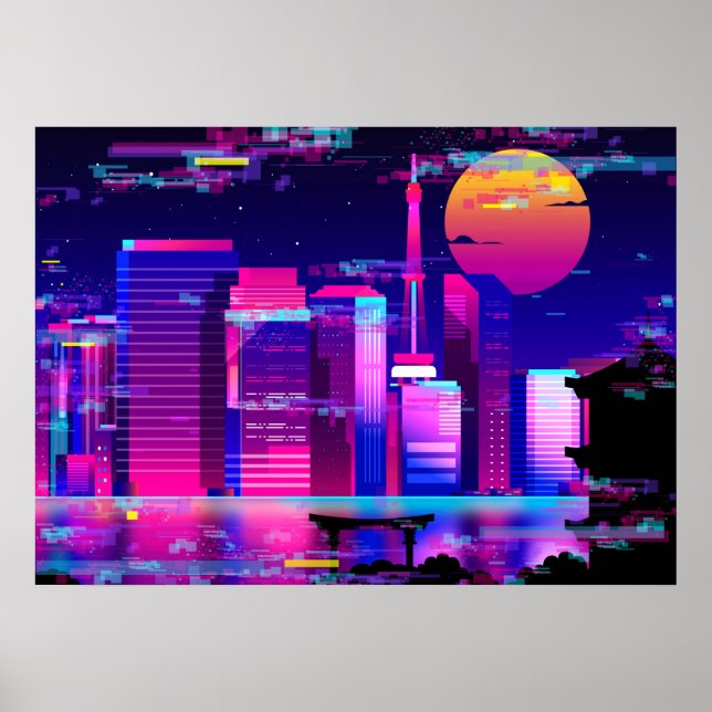 Synthwave Neon City - Tokio glitch Poster (Front)