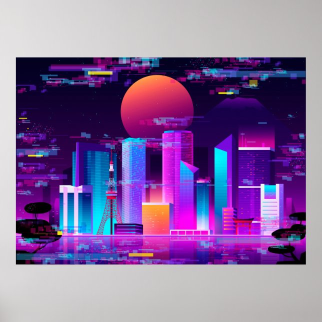 Synthwave Neon City - Tokio glitch Poster (Front)
