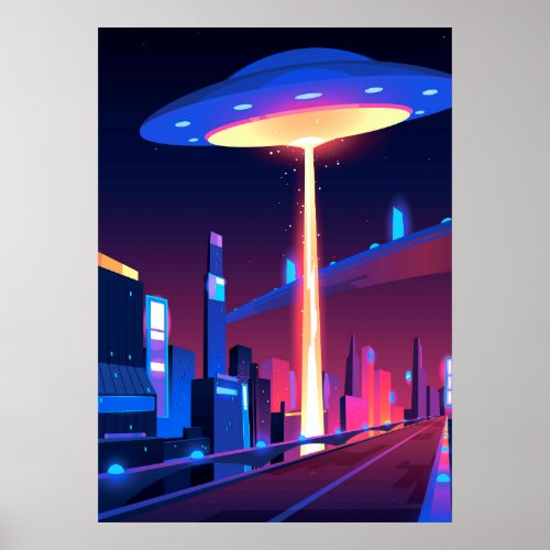 Synthwave Neon City UFO Poster