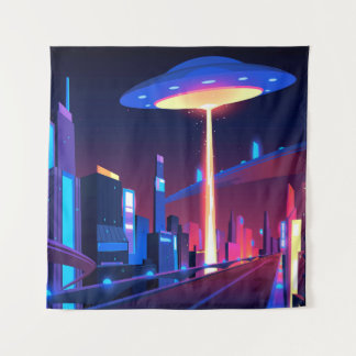 Synthwave Neon City: UFO Tapestry