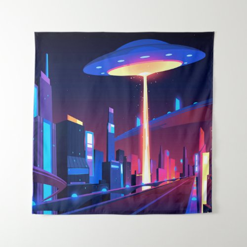 Synthwave Neon City UFO Tapestry