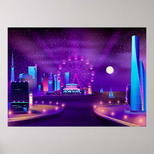 Synthwave Neon City  Vector art Poster