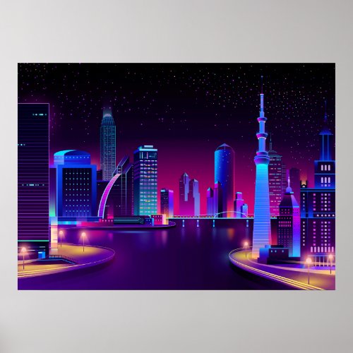Synthwave Neon City  Vector art Poster
