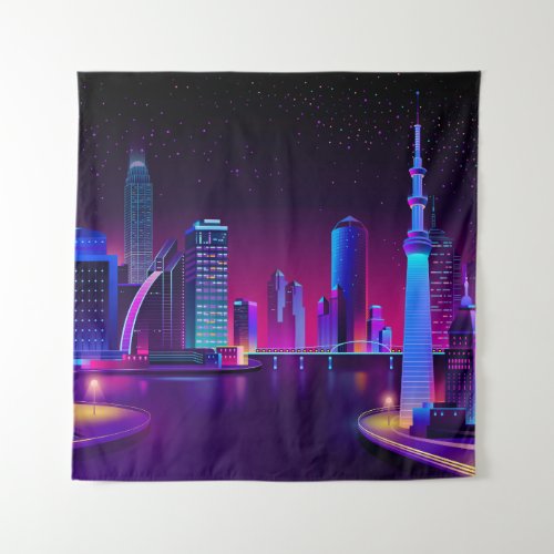 Synthwave Neon City  Vector art Tapestry