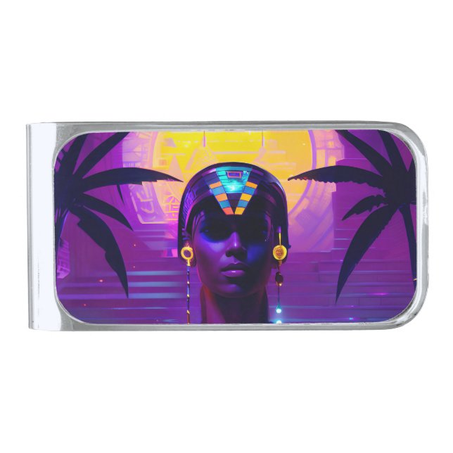 Synthwave Pharaoh Silver Finish Money Clip (Front)