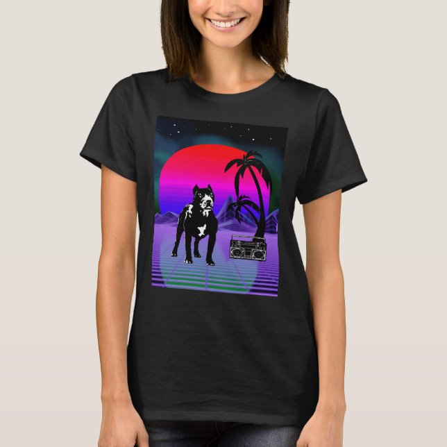 Synthwave Pitbull Dog Retro Boom Box T-Shirt (Front)