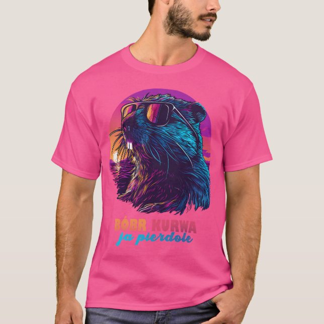 Synthwave Polish Beaver Meme Ja Pierdole Bobr Bobe T-Shirt (Front)