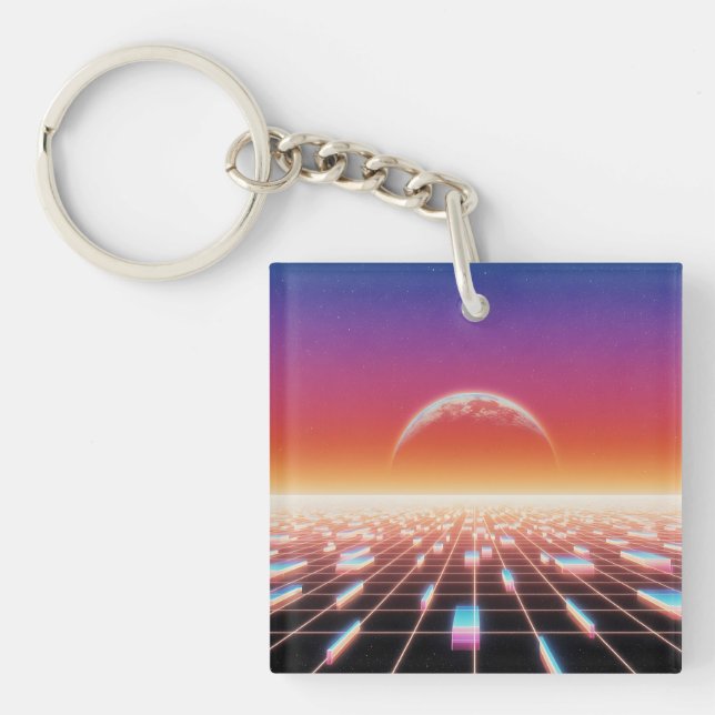 Synthwave Retro-Futuristic Landscape Keychain (Front)