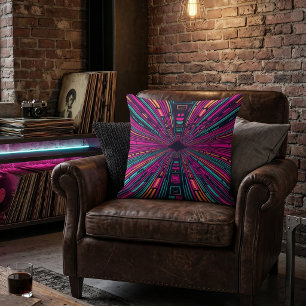 Synthwave Retro Futuristic Neon Cyberpunk Tunnel Throw Pillow