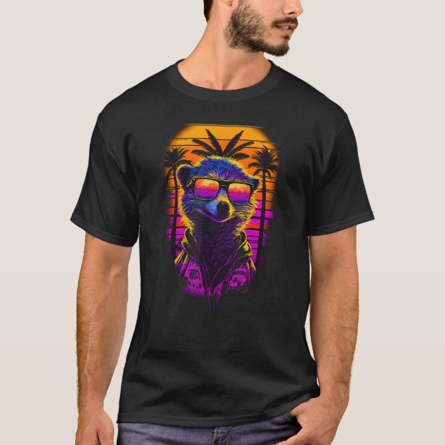 Synthwave Retrowave Meerkat With Sunglasses Retro  T-Shirt (Front)