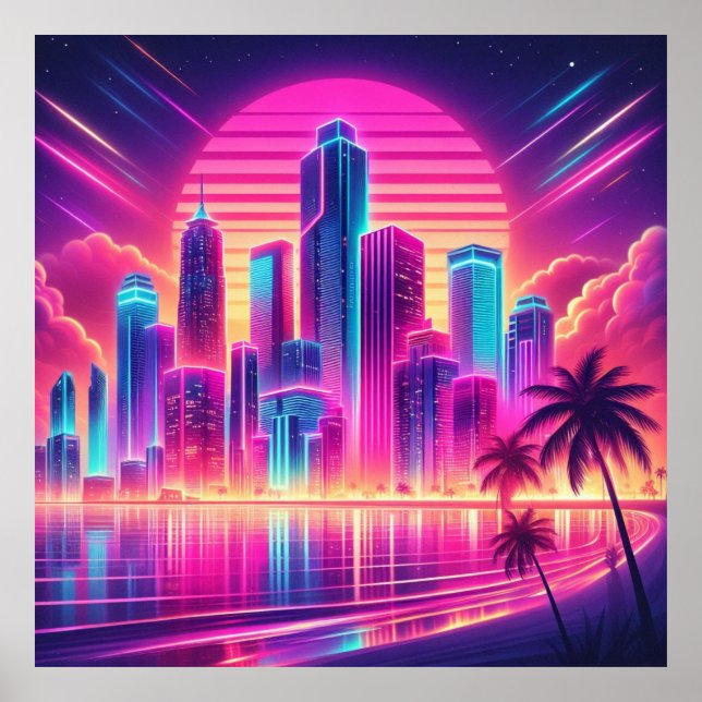 Synthwave Serenity: Neon Sunset Cityscape Poster (Front)
