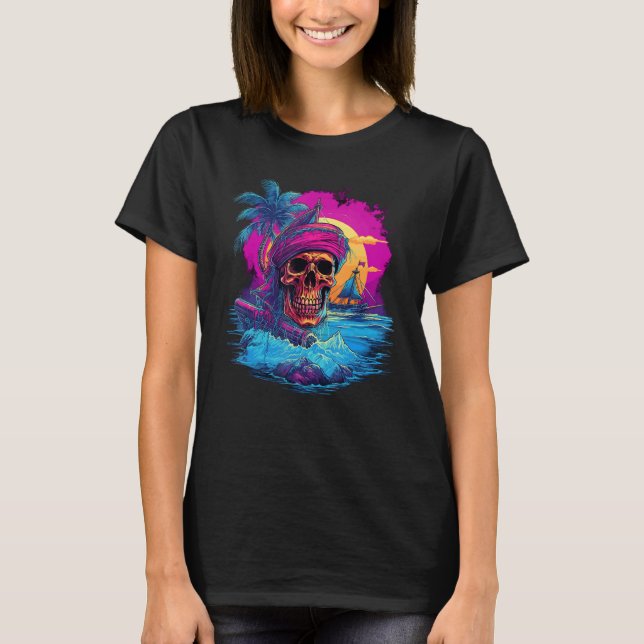 Synthwave Shipwreck Synth Inspired Pirate Skull T-Shirt (Front)