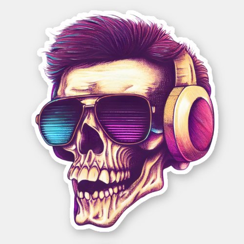 Synthwave skull with sunglasses and headphones sticker