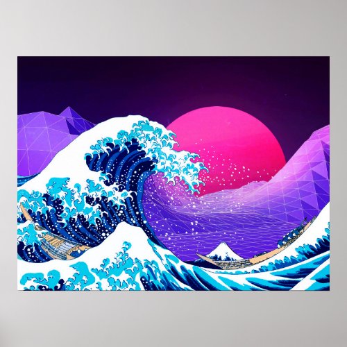 Synthwave Space The Great Wave off Kanagawa Poster