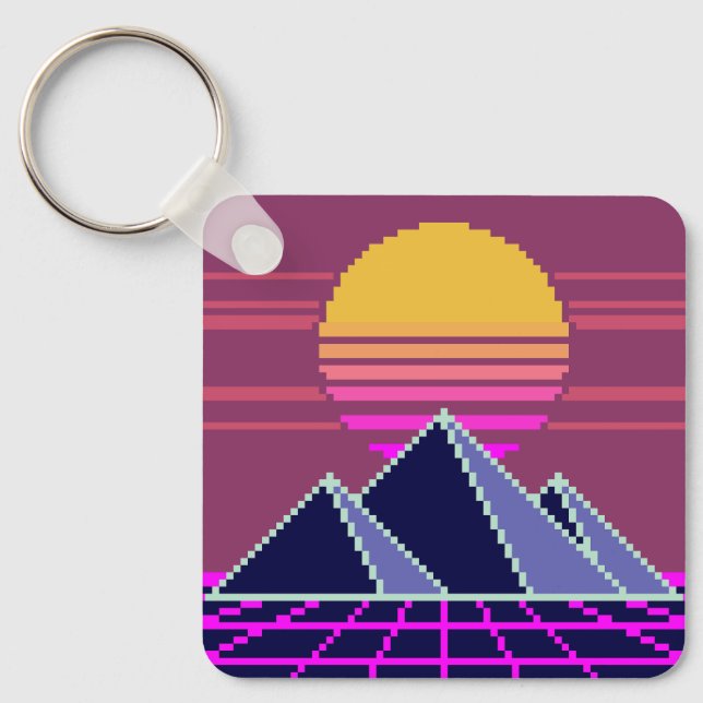 Synthwave sunset over pyramids pixel art keychain (Front)