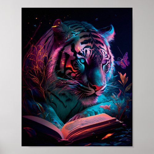 Synthwave Tiger Reading Book Big Cat Wall Graphic Poster