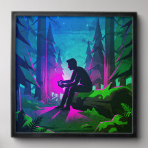 Synthwave Video Game Player in Forest Silhouette