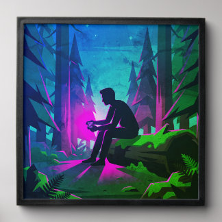 Synthwave Video Game Player in Forest Silhouette Peel And Stick Photo Tile