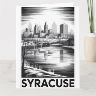 Syracuse New York Skyline Black White Woodcut Card