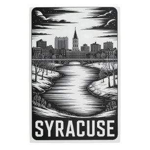 Syracuse New York Skyline Black White Woodcut Metal Print