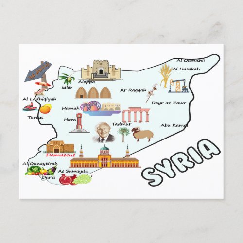 Syria map major cities names flag Syrian national Postcard