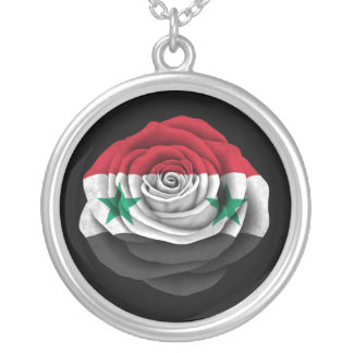 Syrian Rose Flag on Black Silver Plated Necklace