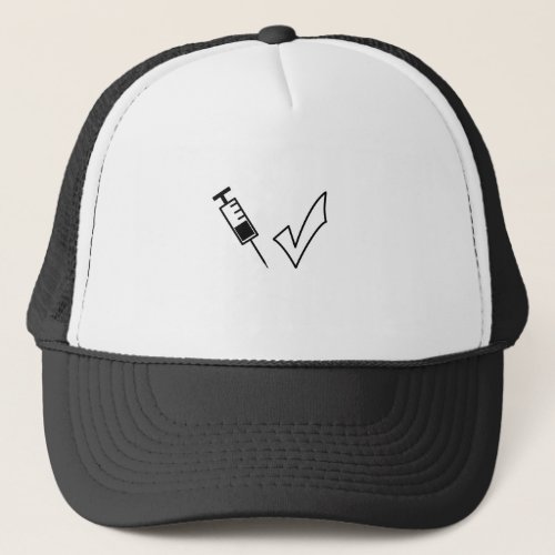Syringe and tick symbol vaccinated trucker hat