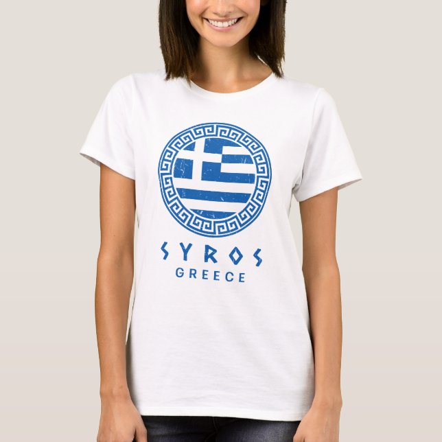Syros And Flag Of Greece Distressed Design T-Shirt (Front)