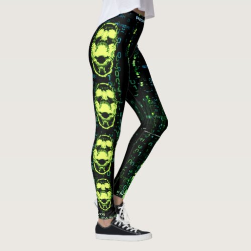 System Error Cyberpunk Screaming Skull Green Leggings