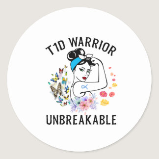 T1D Warrior Woman Type 1 Diabetes Awareness Blue Classic Round Sticker